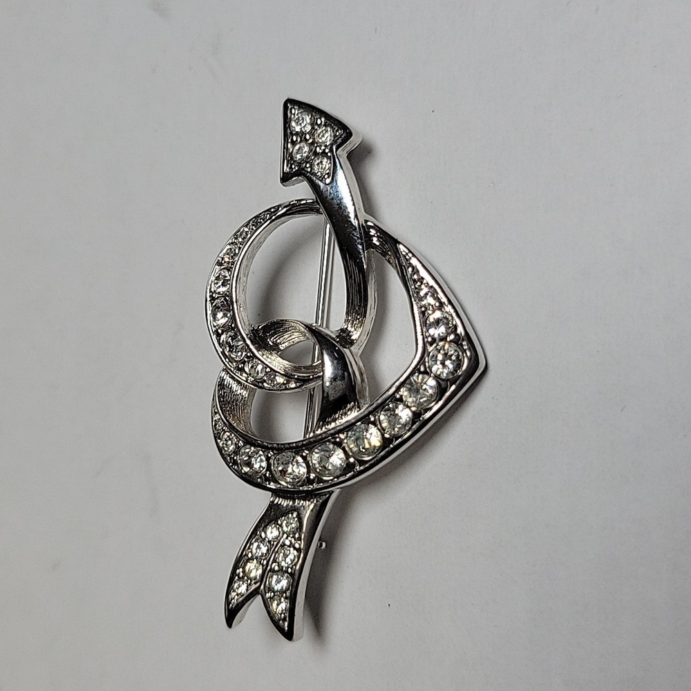 Swarovski Crystal Rhinestone Silver Cupid Heart with Arrow Bin Brooch
